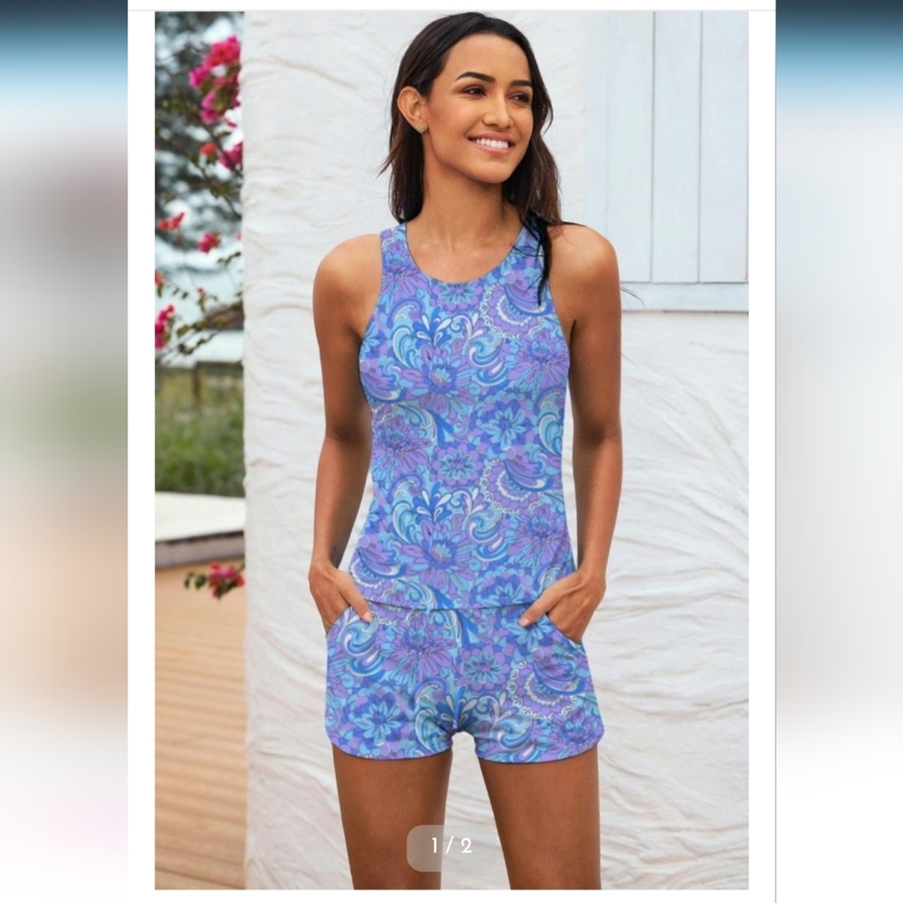 BRAND NEW: Blue Floral & Paisley High Neck Tankini Set With Shorts